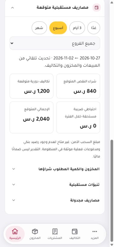 تقدير شراء نقص بقيمة 840 ريالًا وتكاليف دورية 1200 ريال للأسبوع